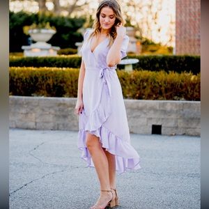 VICI Light Purple Silk High Low Wrap Dress with Semi-puffed Short Sleeves